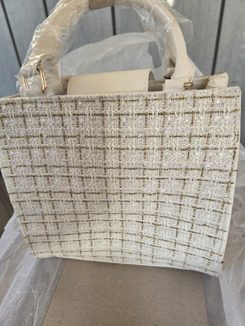 Badgley Mischka Cream Tweed Satchel Handbag - Picture 2 of 4